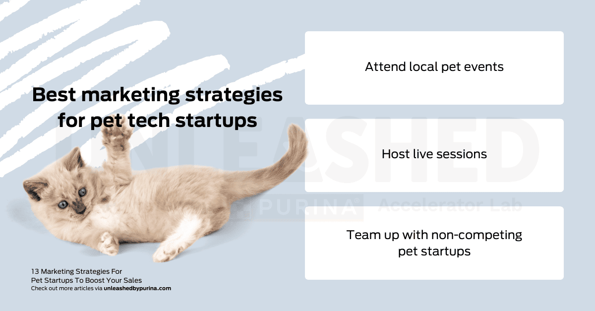 List: Best marketing strategies for pet tech startups Attend local pet events Host live sessions Team up with non-competing pet startups