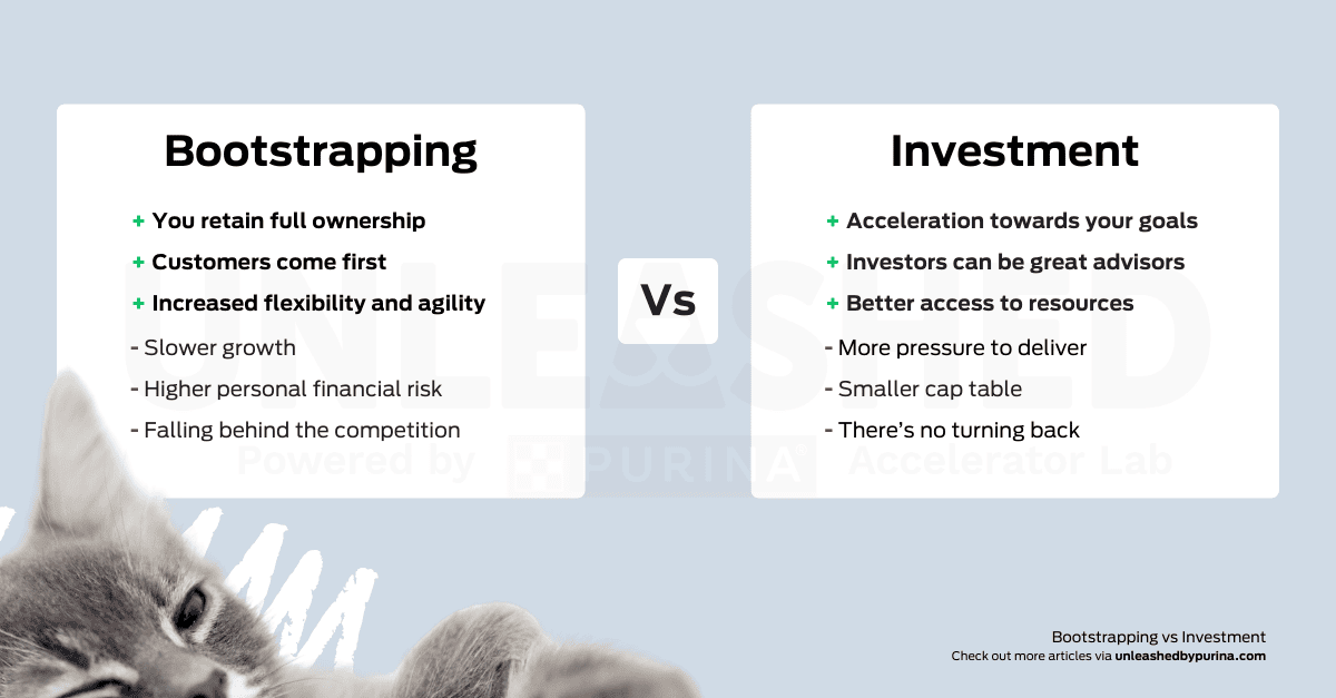 <<Comparison table: Bootstrapping vs Funding  Bootstrapping + You retain full ownership + Customers come first + Increased flexibility and agility - Slower growth - Higher personal financial risk - Falling behind the competition  Investment + Acceleration towards your goals + Investors can be great advisors + Better access to resources - More pressure to deliver - Smaller cap table - There’s no turning back >>